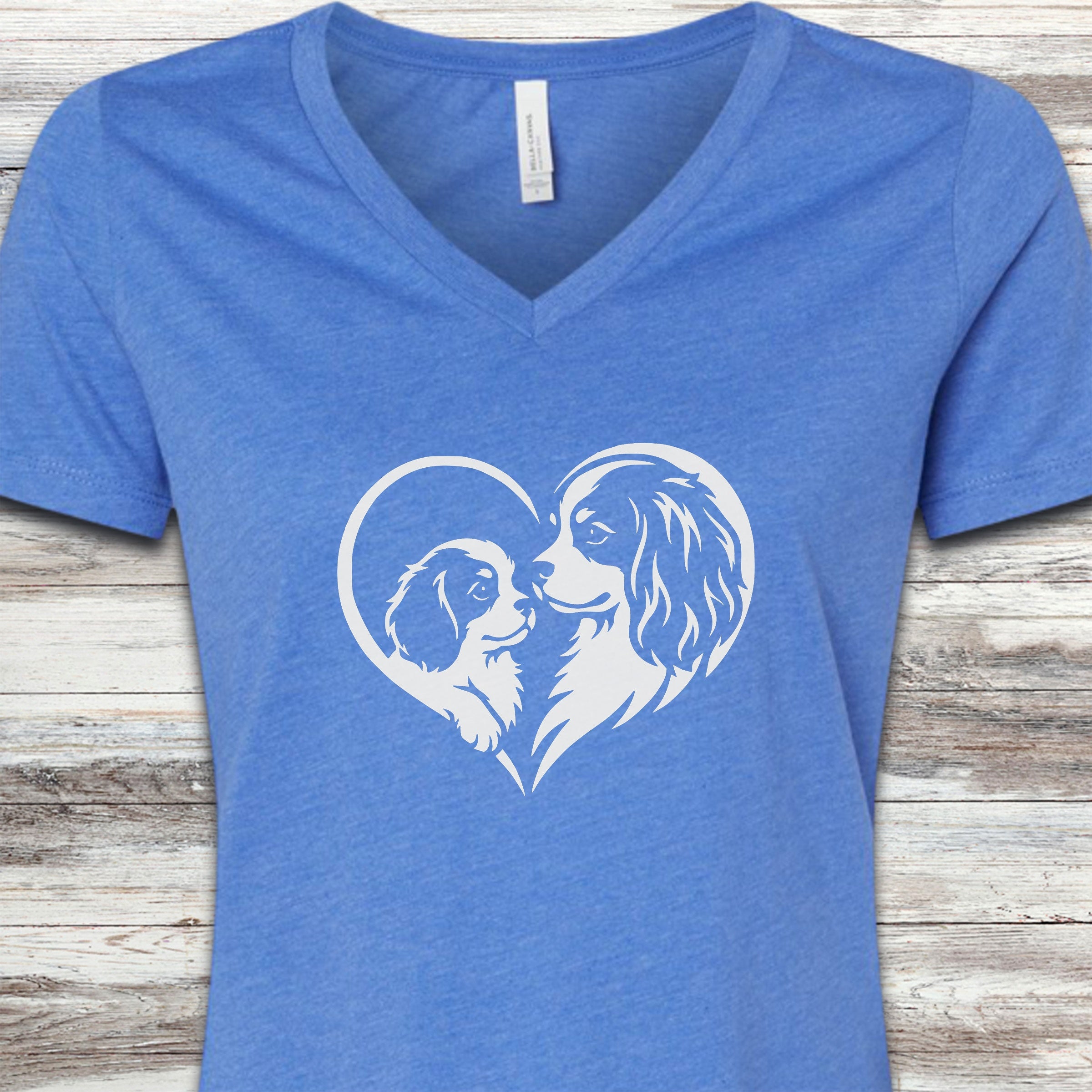 Cavalier King Charles Heart Bond V-Neck Tee - Heather True Royal