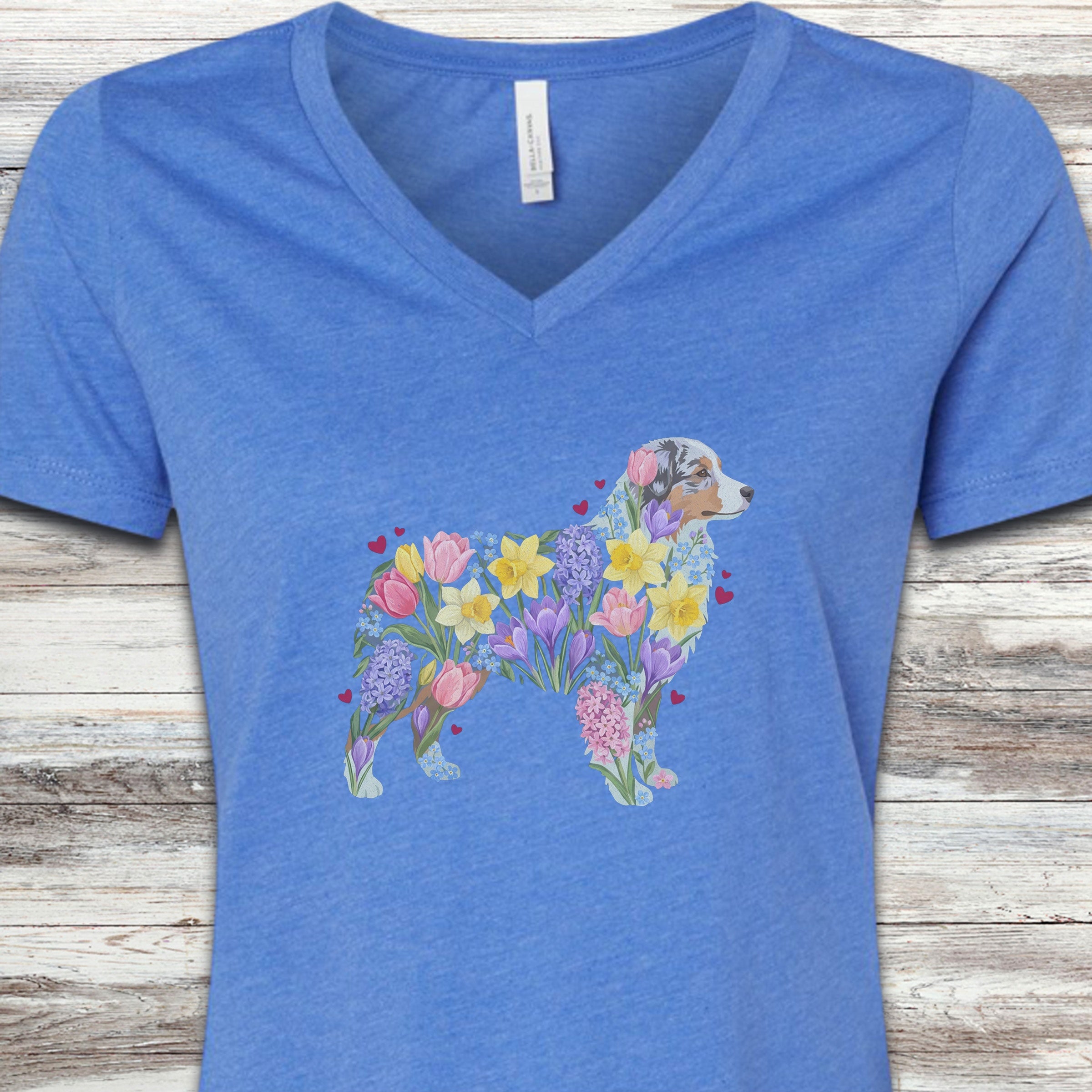 Australian Shepherd Spring Floral Silhouette V-Neck Tee - Heather True Royal