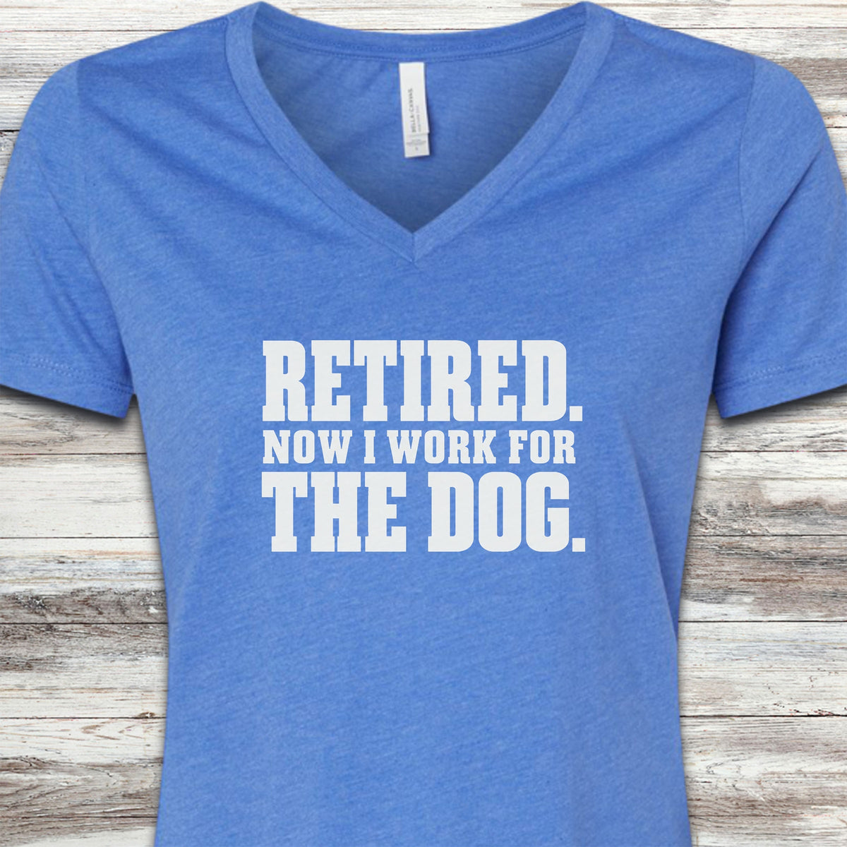 Retired Now I Work for the Dog V-Neck Tee - Heather True Royal