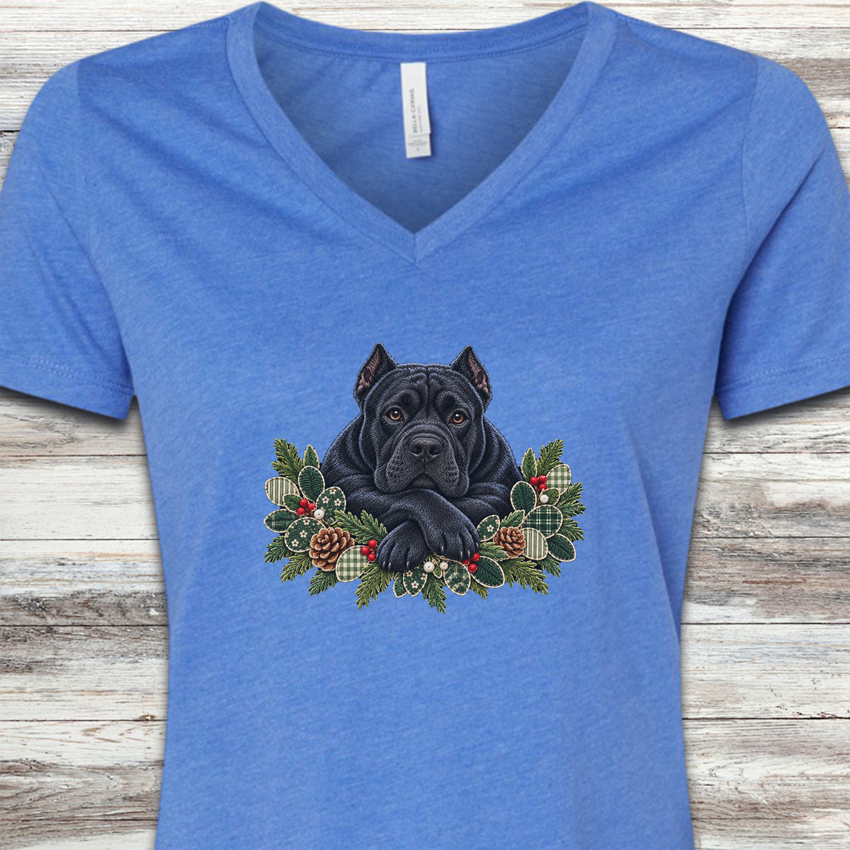 Cane Corso Black Winter Greenery Faux Embroidery V-Neck Tee - Heather True Royal