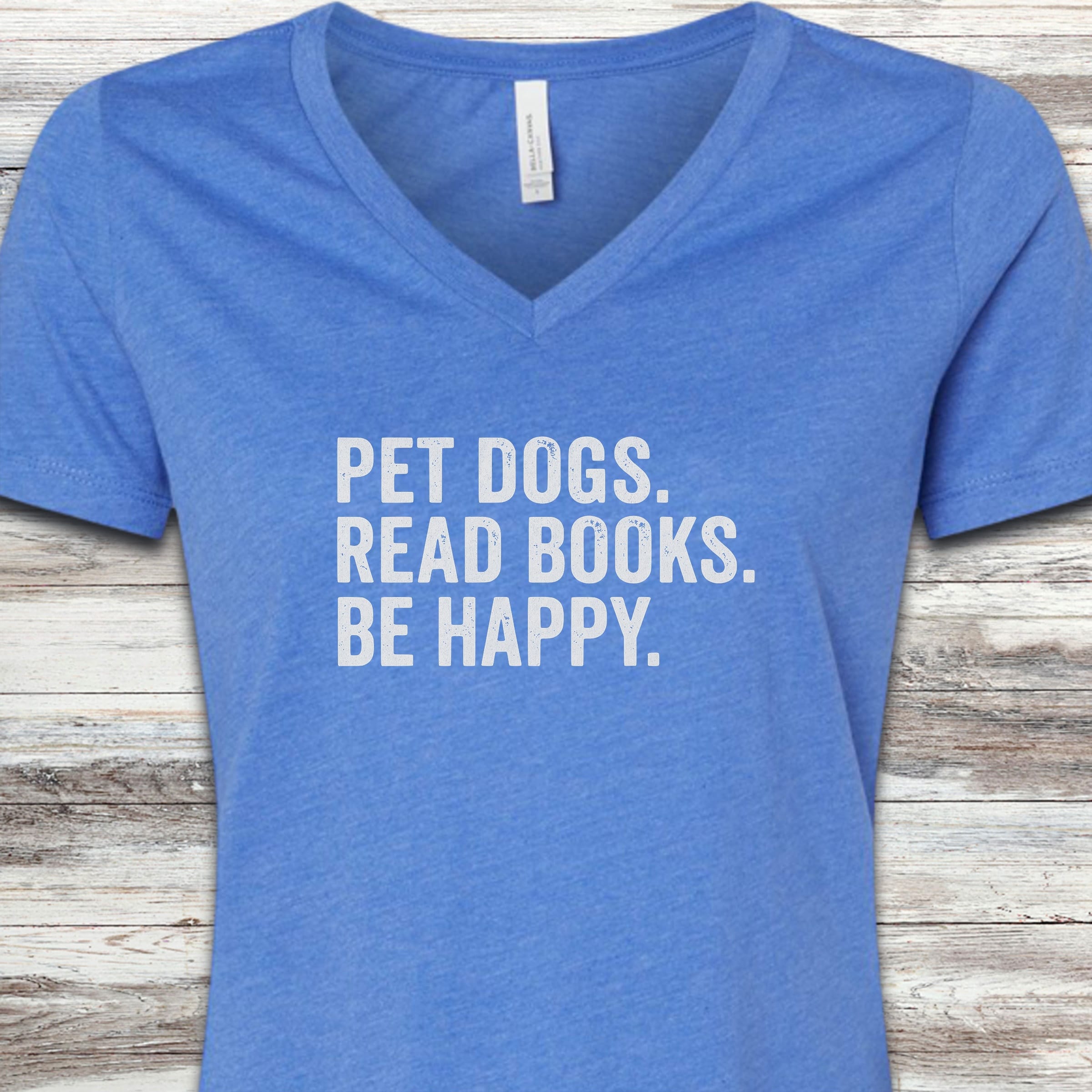 Dogs Books Happy V-Neck Tee - Heather True Royal