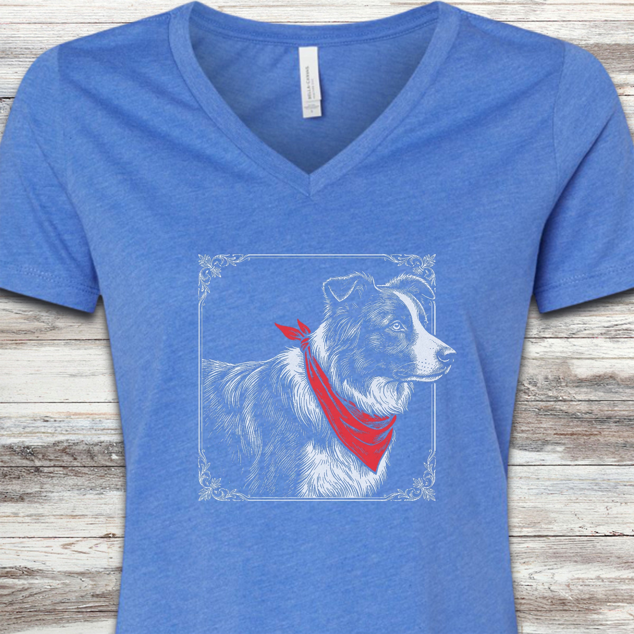 Border Collie Etching V-Neck Tee - Heather True Royal