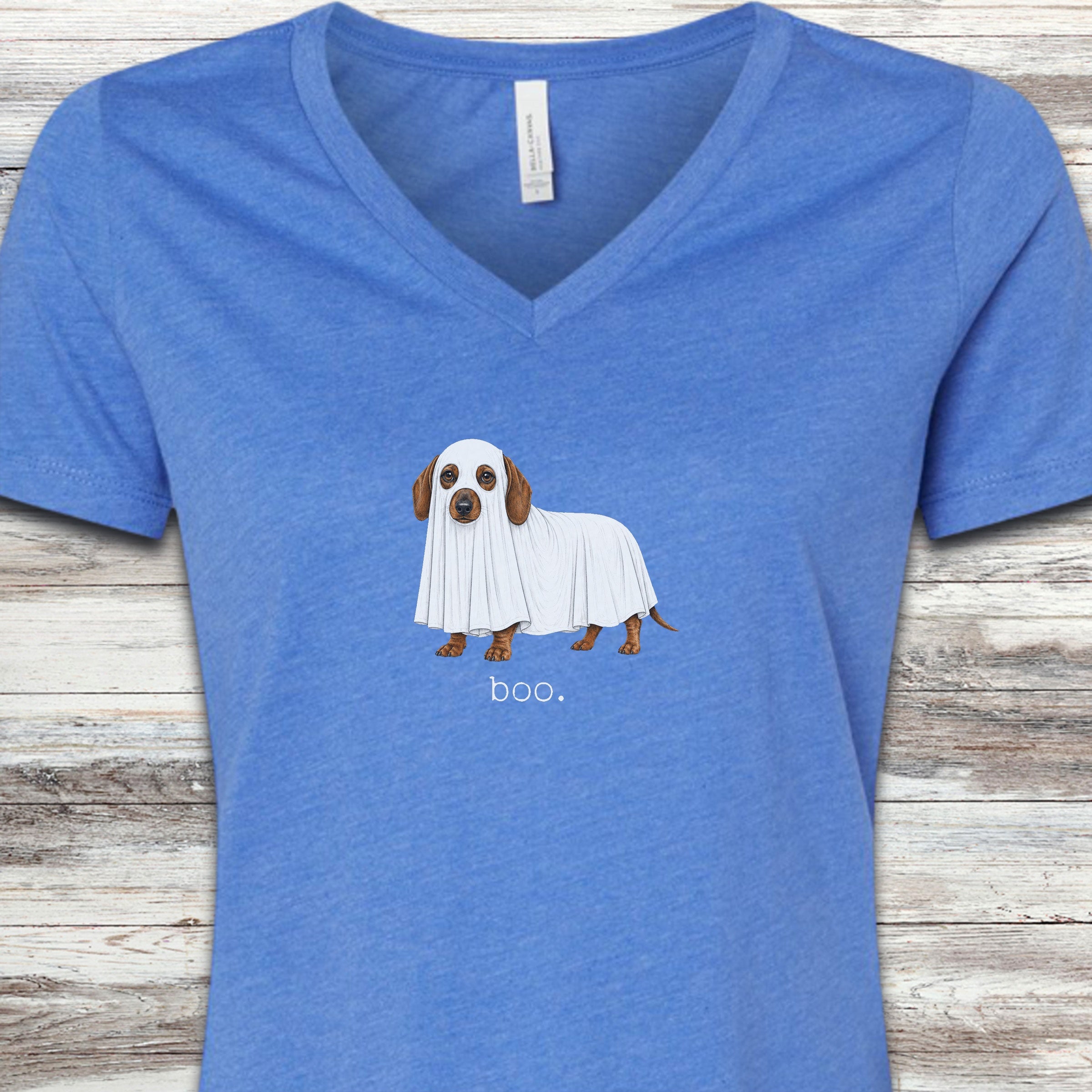 Dachshund Boo V-Neck Tee - Heather True Royal