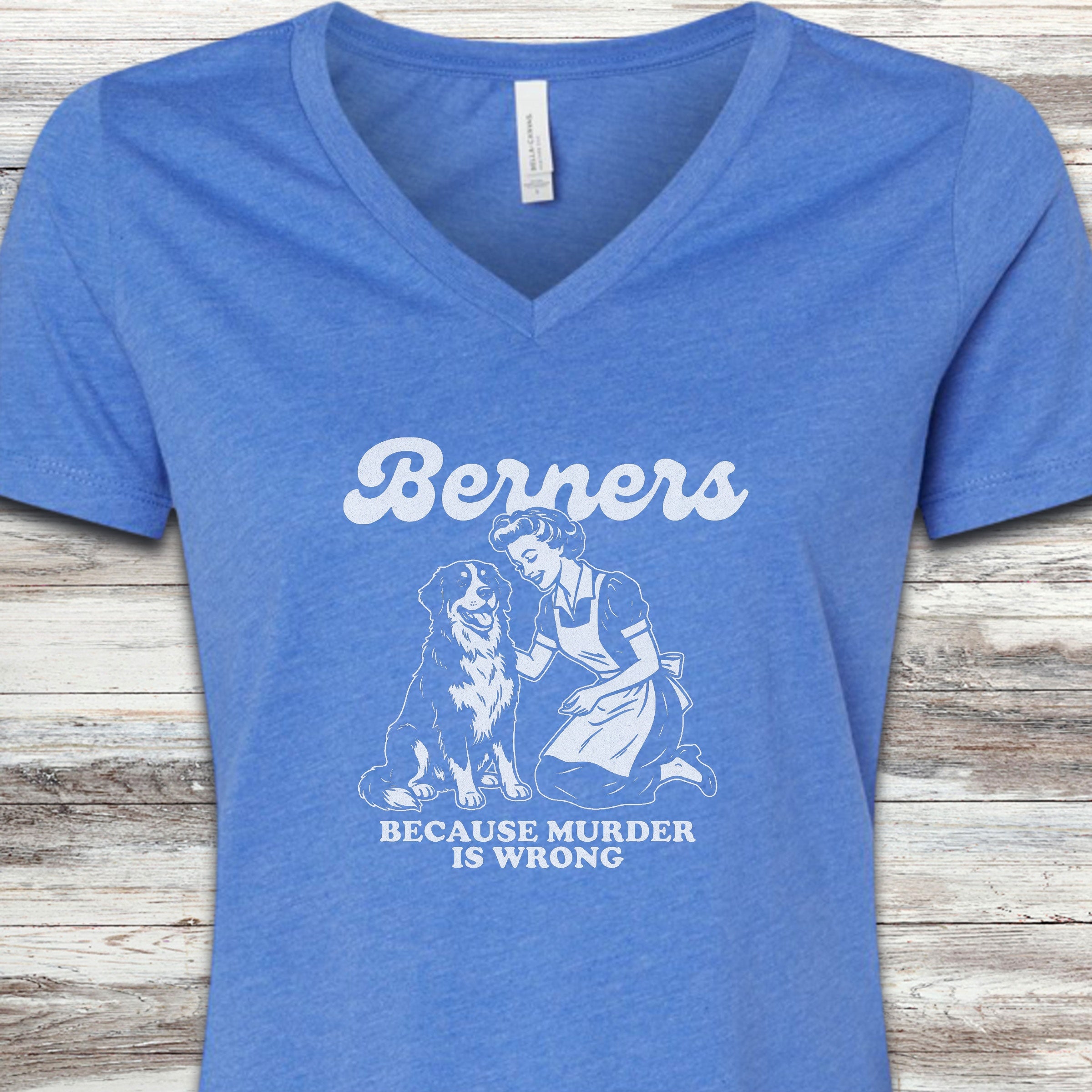 Bernese Mountain Dog Because V-Neck Tee - Heather True Royal