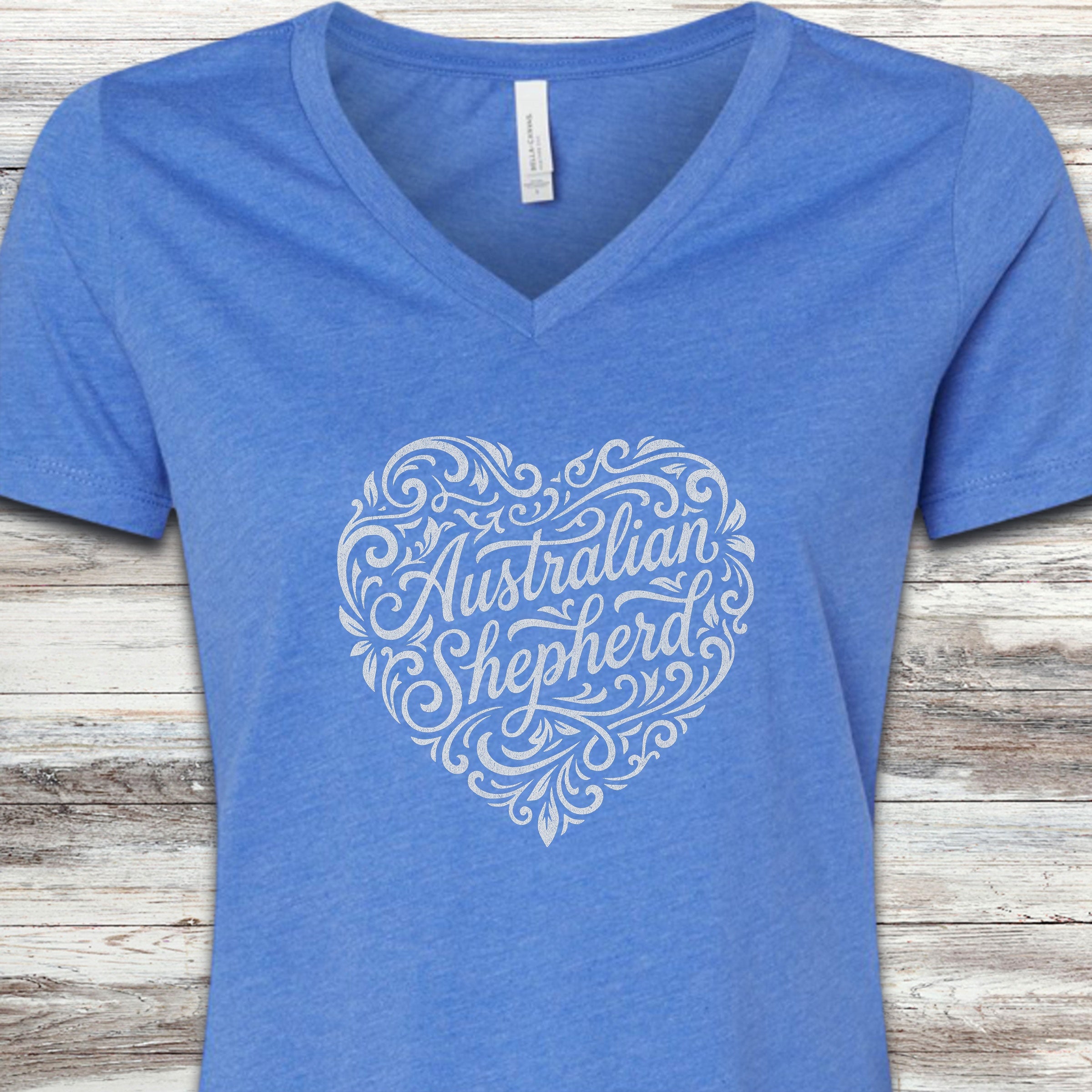 Australian Shepherd Heart Script V-Neck Tee - Heather True Royal
