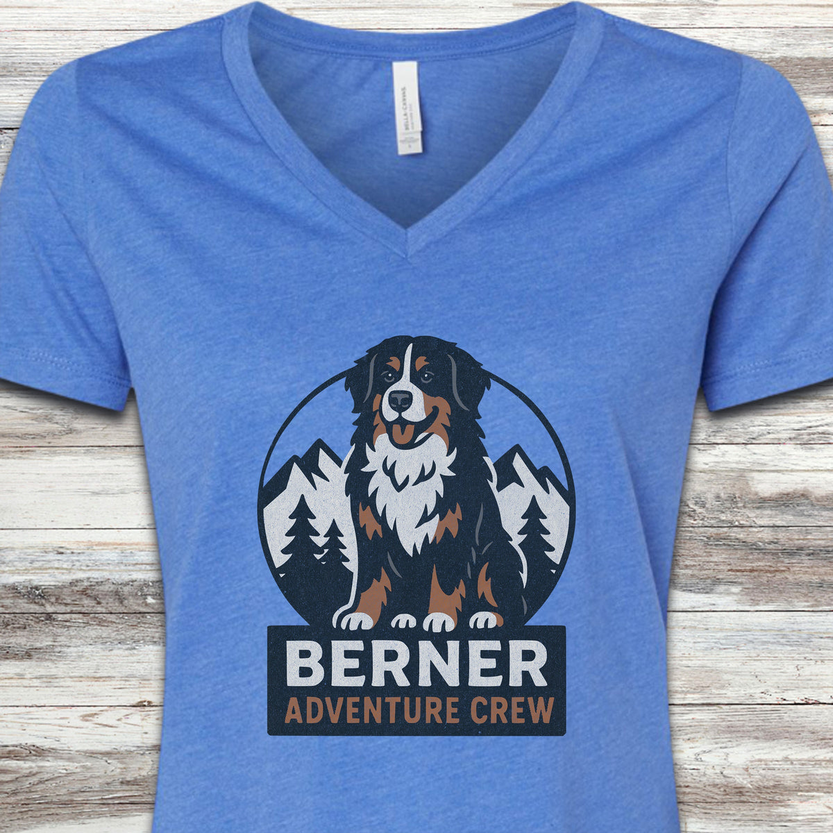 Bernese Mountain Dog Adventure Crew V-Neck Tee - Heather True Royal