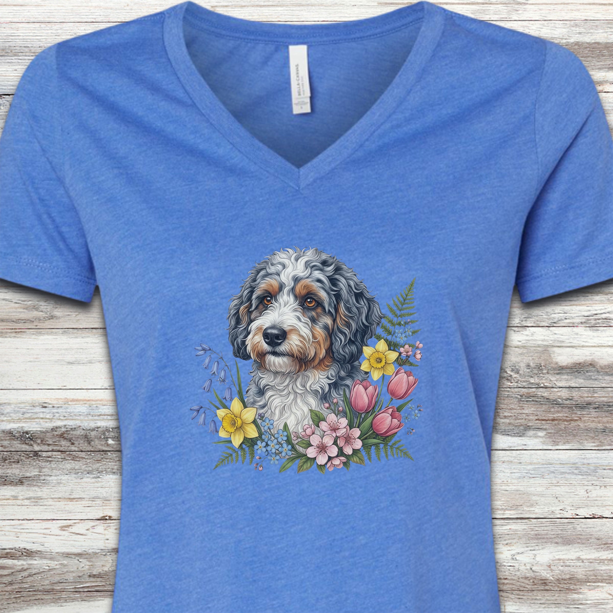 Aussiedoodle Spring Portrait V-Neck Tee - Heather True Royal
