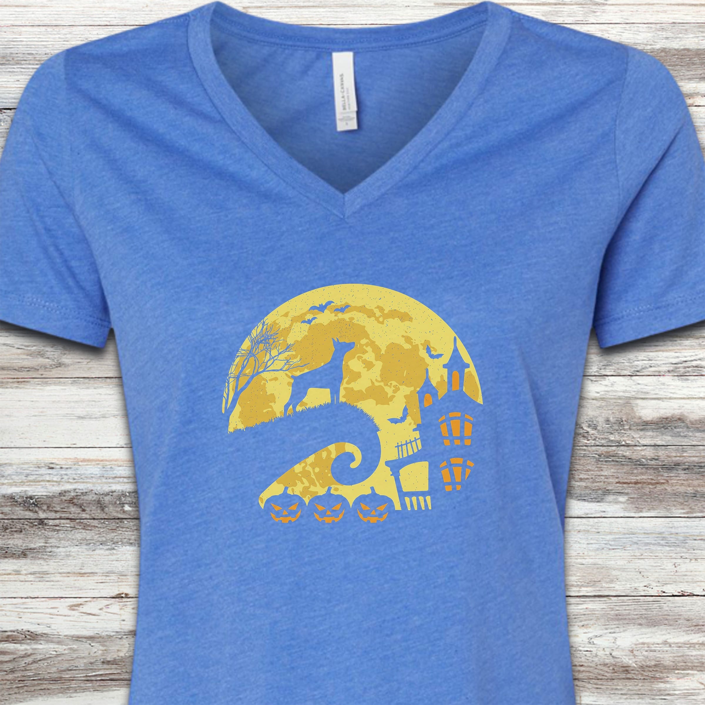 Doberman Pinscher Halloween Moon V-Neck Tee - Heather True Royal