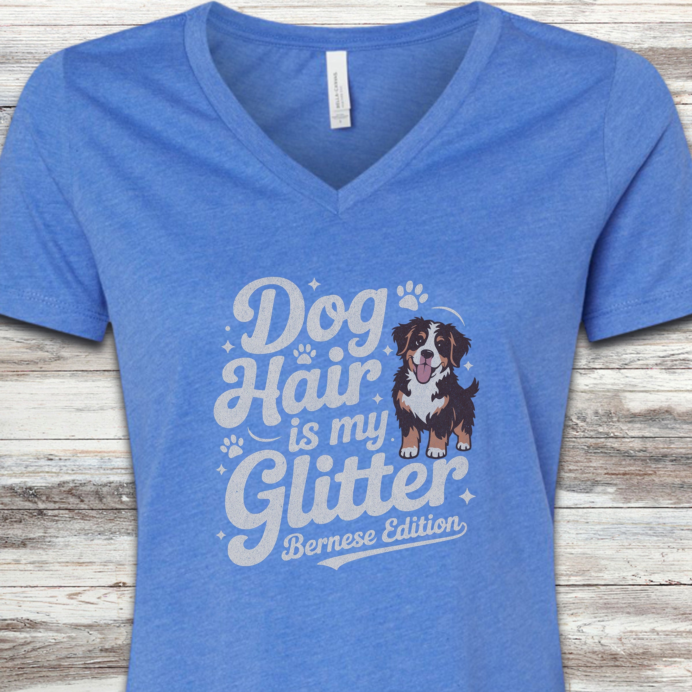 Bernese Mountain Dog Glitter V-Neck Tee - Heather True Royal