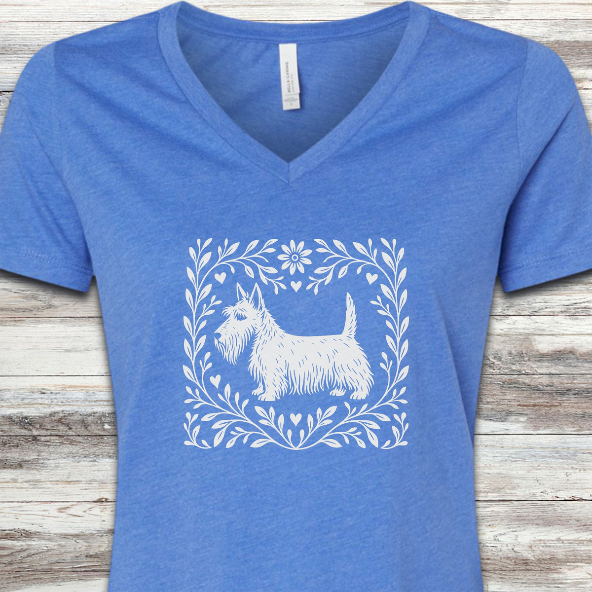 Scottish Terrier Linocut V-Neck Tee - Heather True Royal