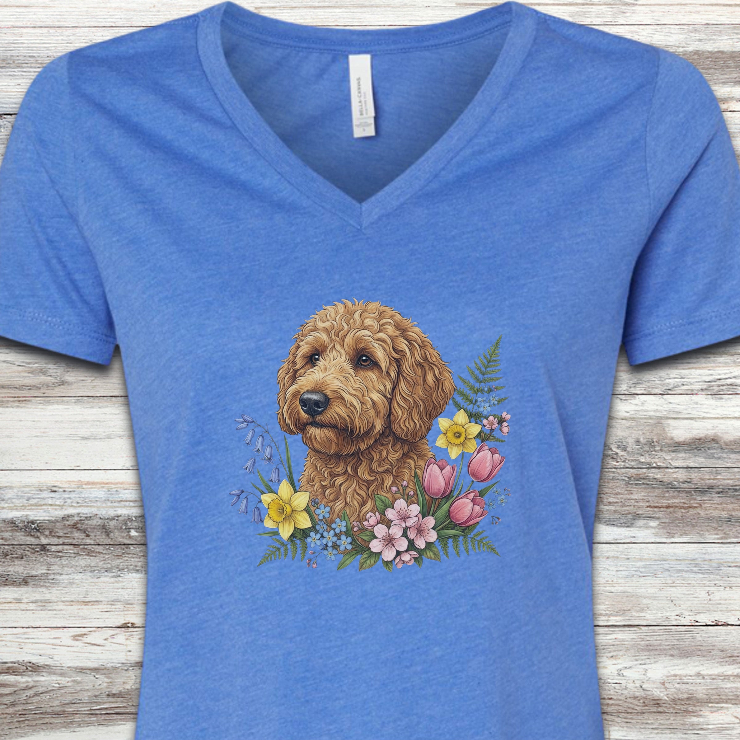 Goldendoodle Spring Portrait V-Neck Tee - Heather True Royal