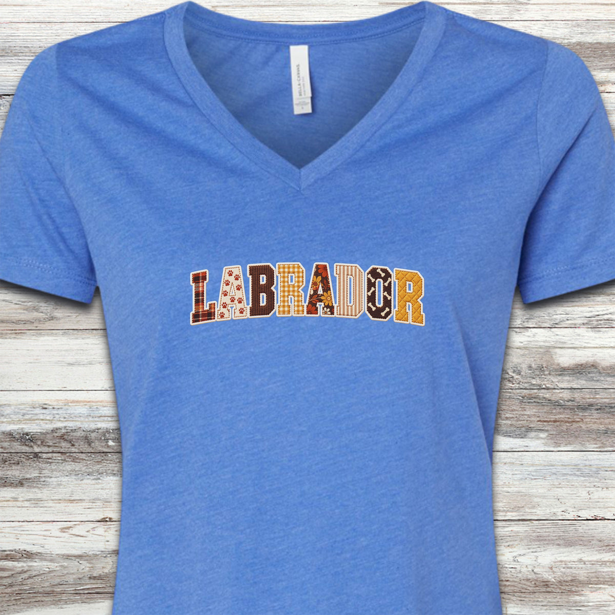 Labrador Retriever Fall Faux Patchwork V-Neck Tee - Heather True Royal