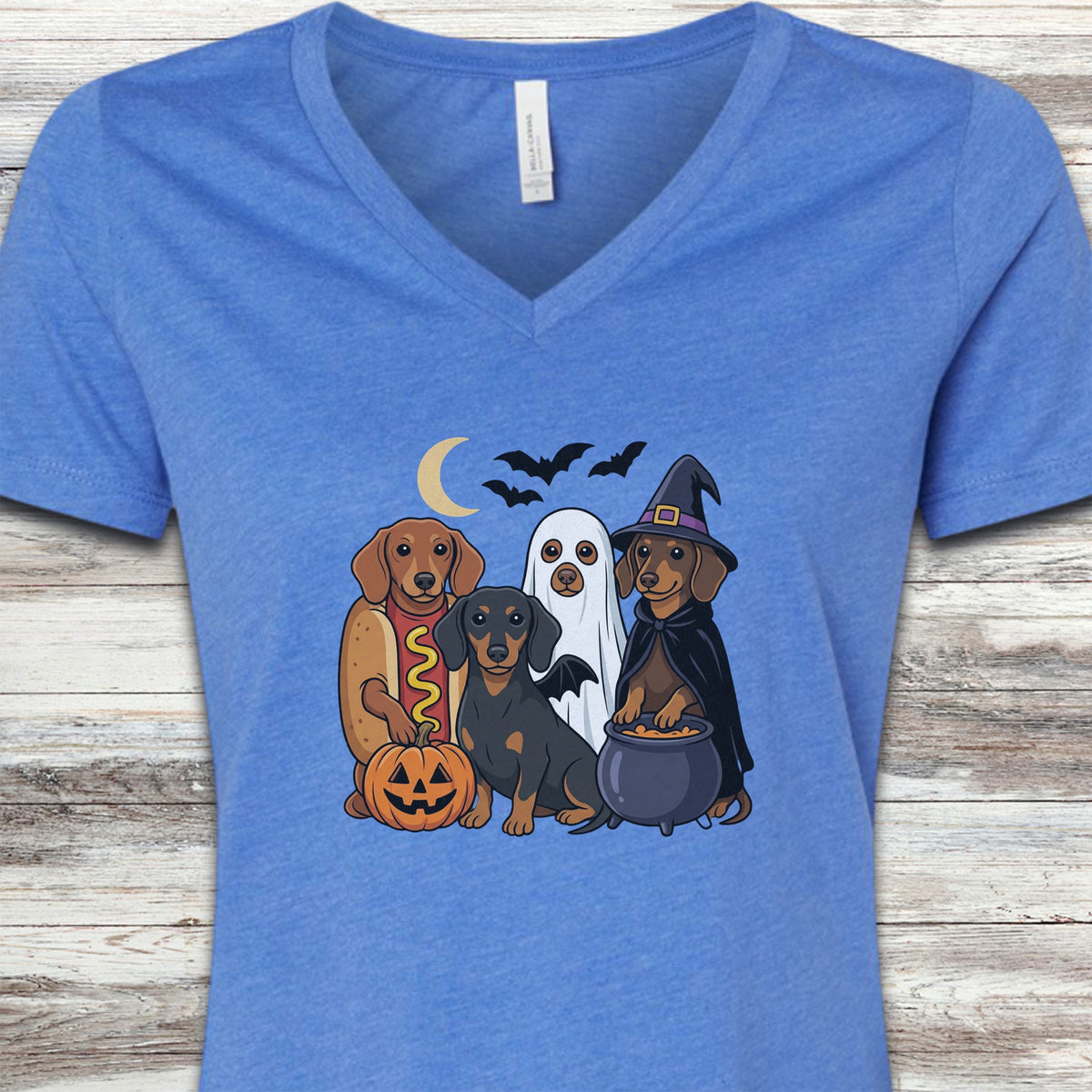 Dachshund Halloween V-Neck Tee - Heather True Royal