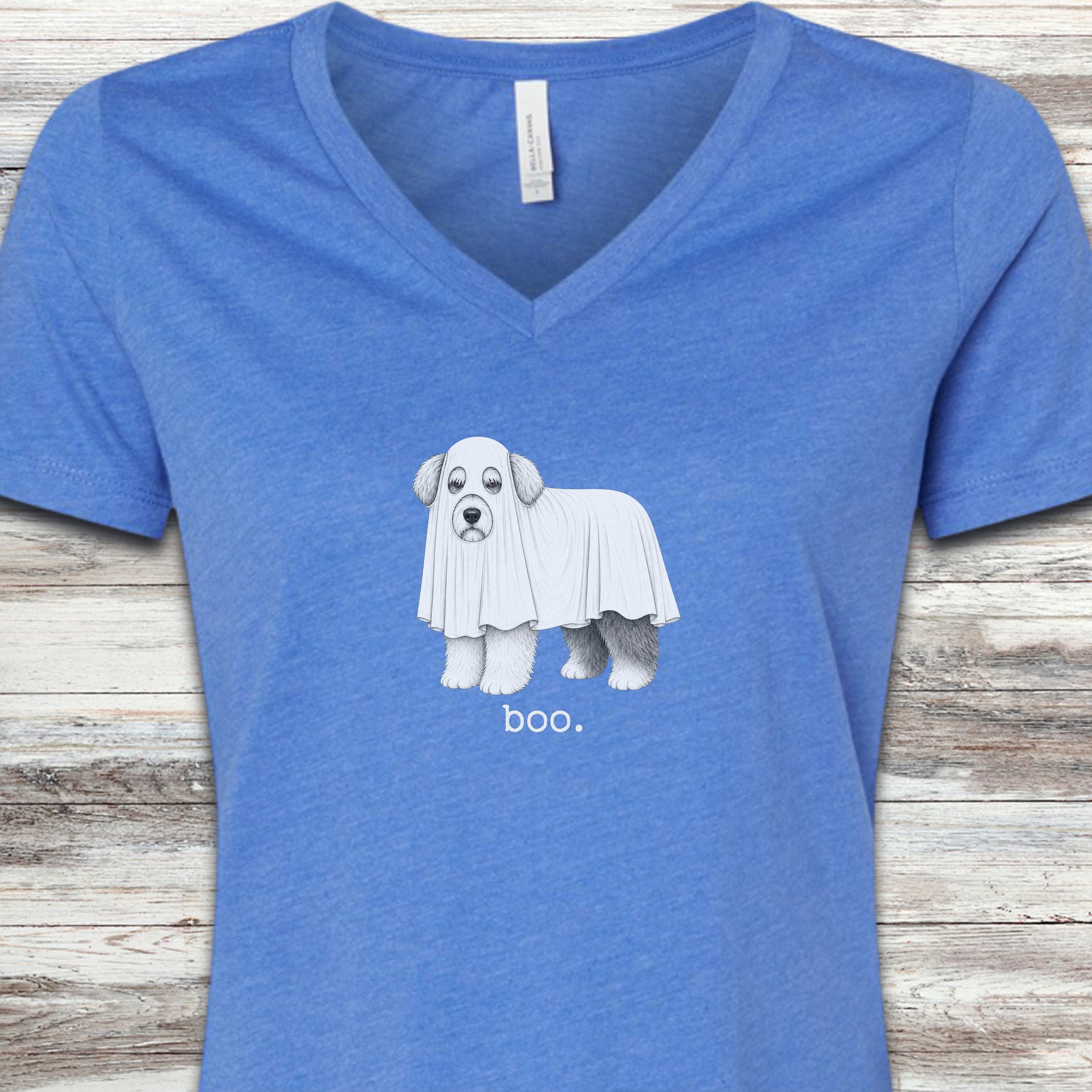 Old English Sheepdog Boo V-Neck Tee - Heather True Royal