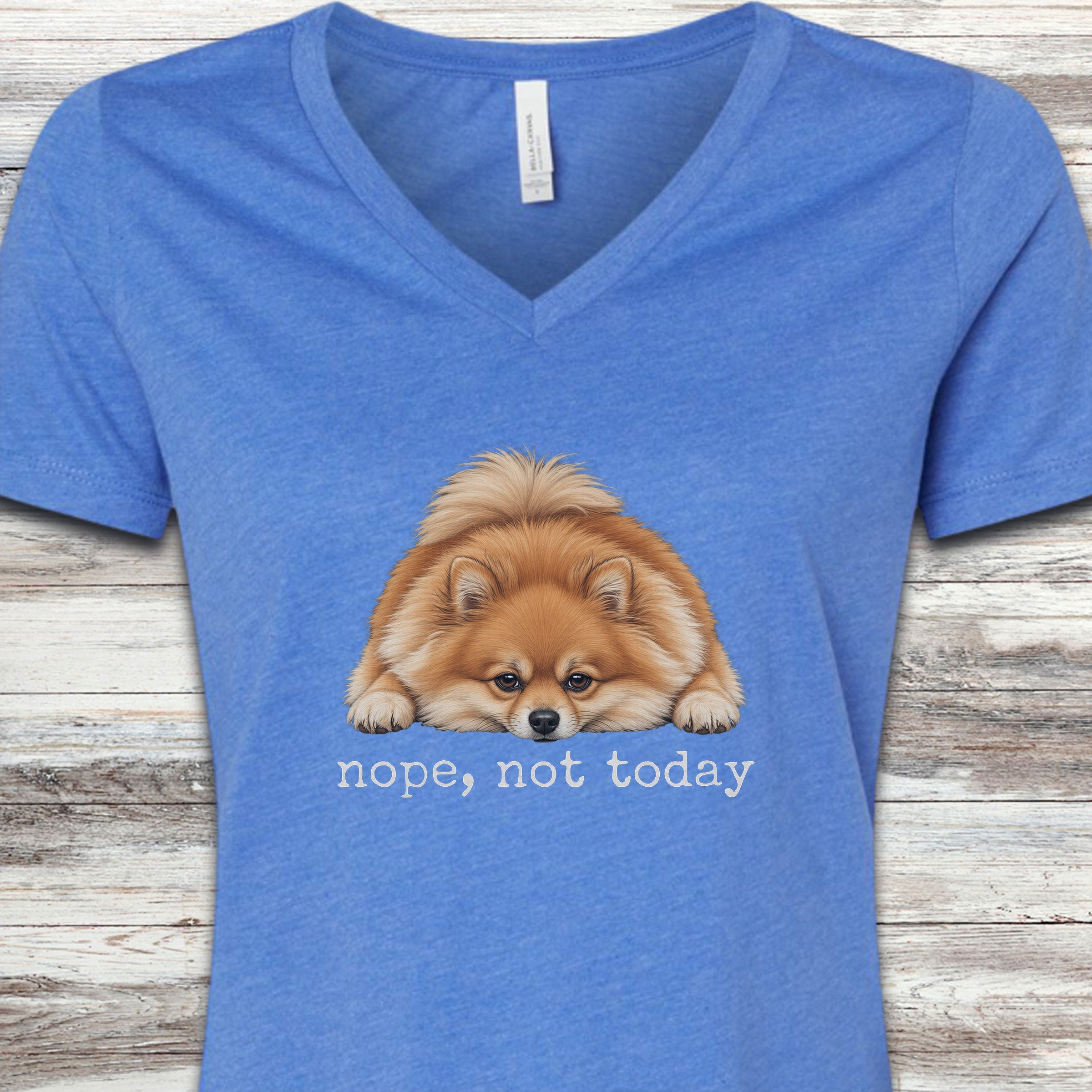 Pomeranian Nope V-Neck Tee - Heather True Royal