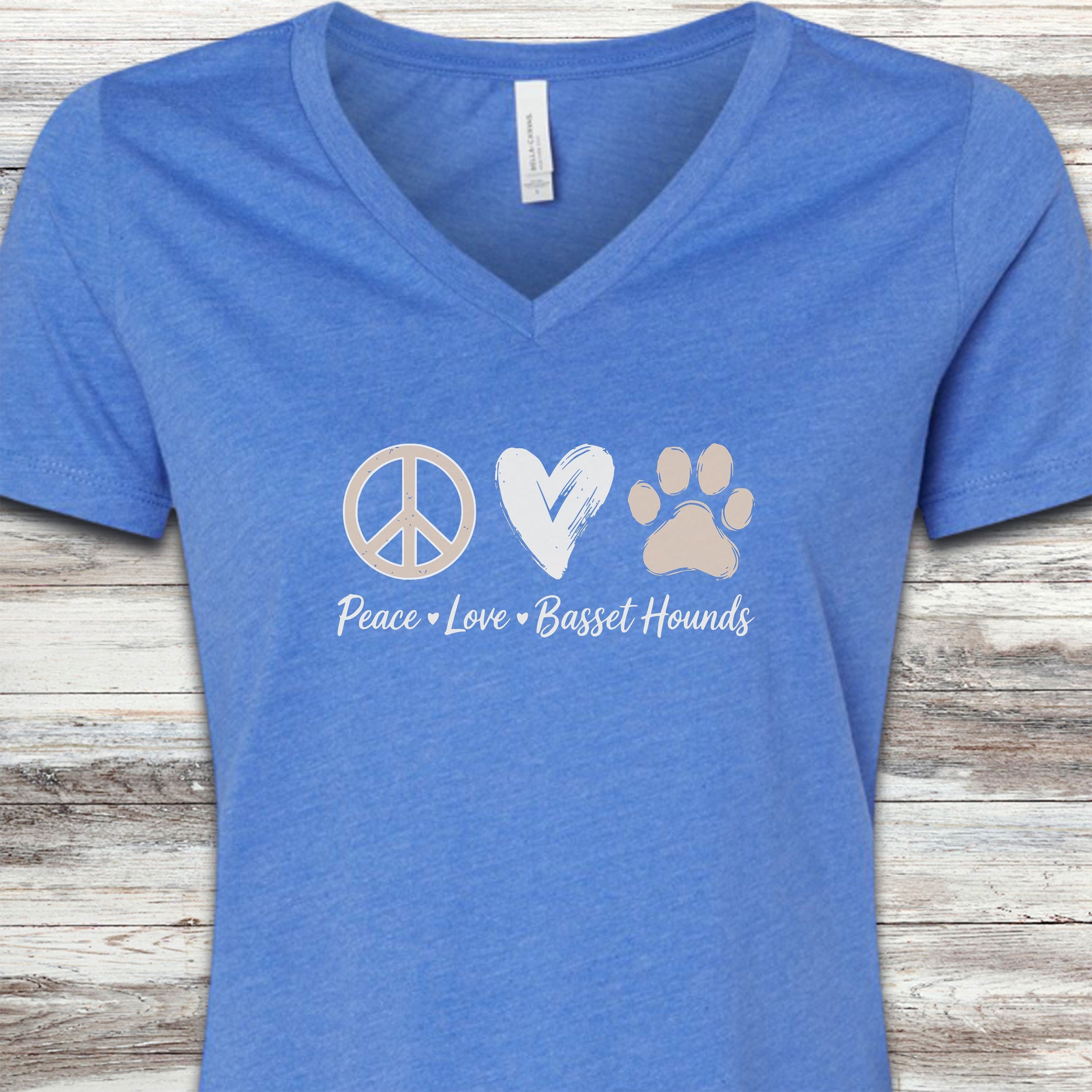Basset Hound Peace V-Neck Tee - Heather True Royal