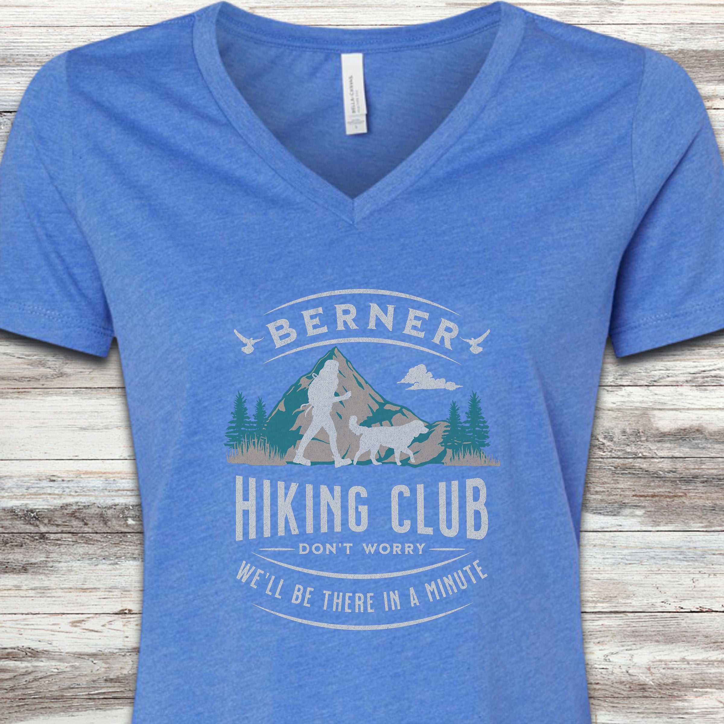Bernese Mountain Dog Hiking Club V-Neck Tee - Heather True Royal