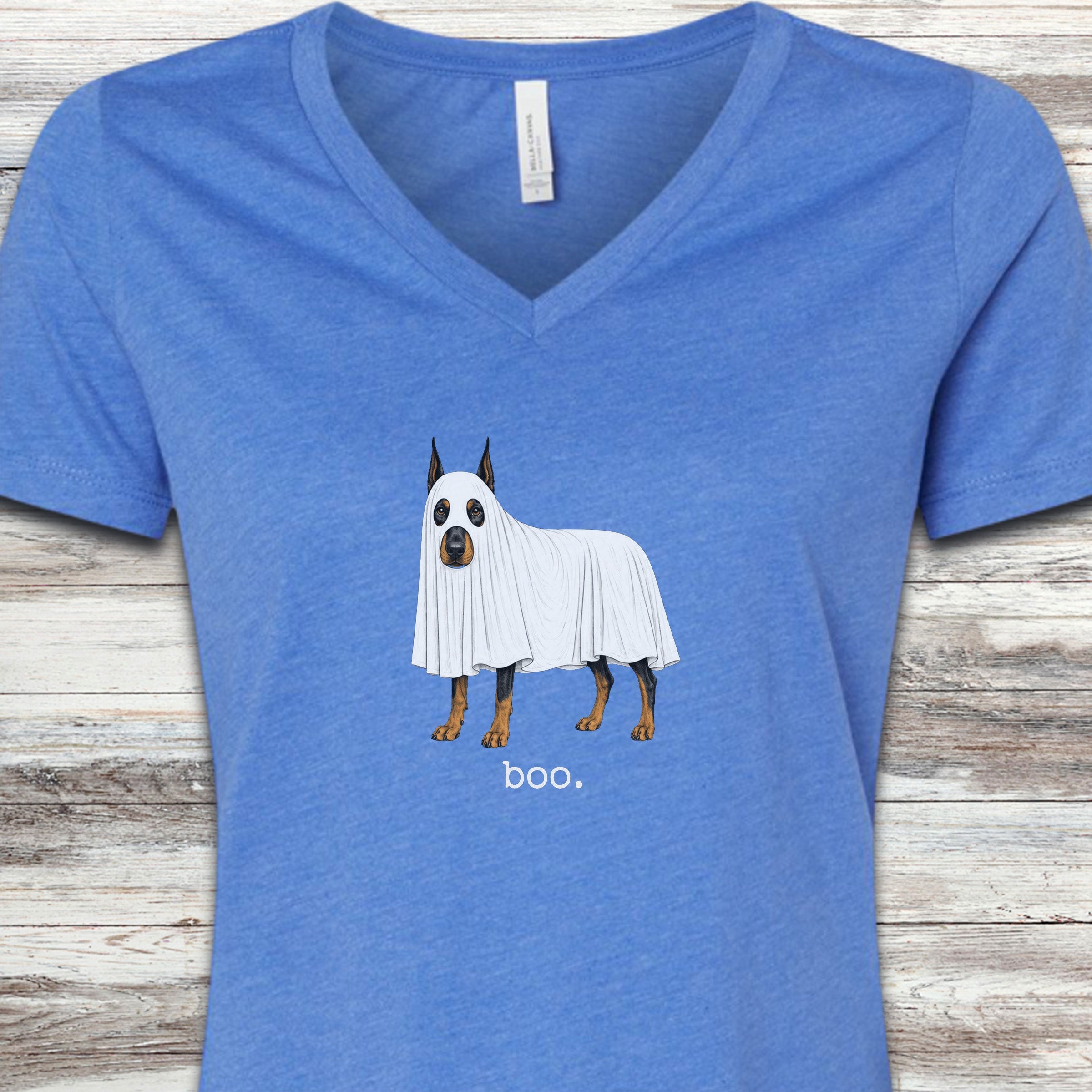Doberman Pinscher Boo V-Neck Tee - Heather True Royal