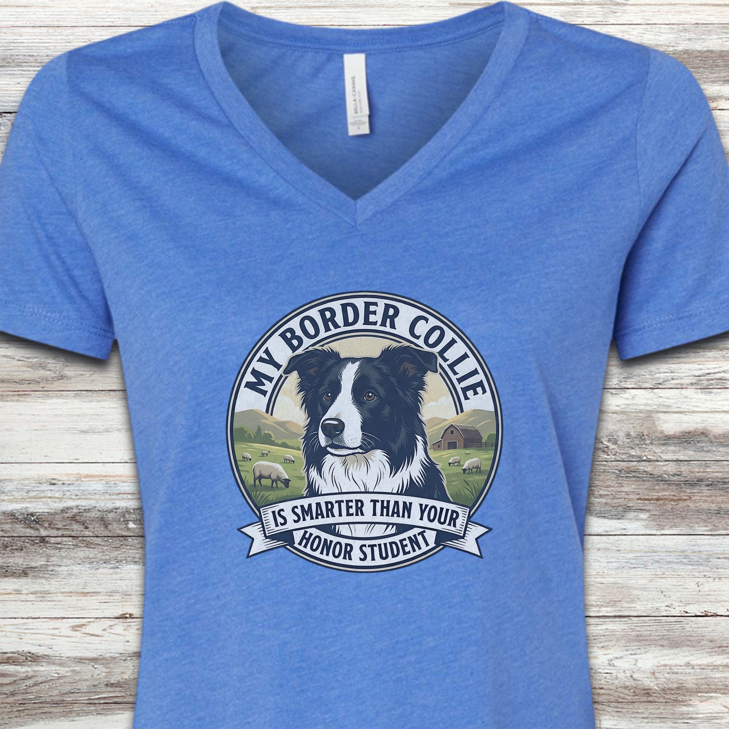 Border Collie Smart V-Neck Tee - Heather True Royal