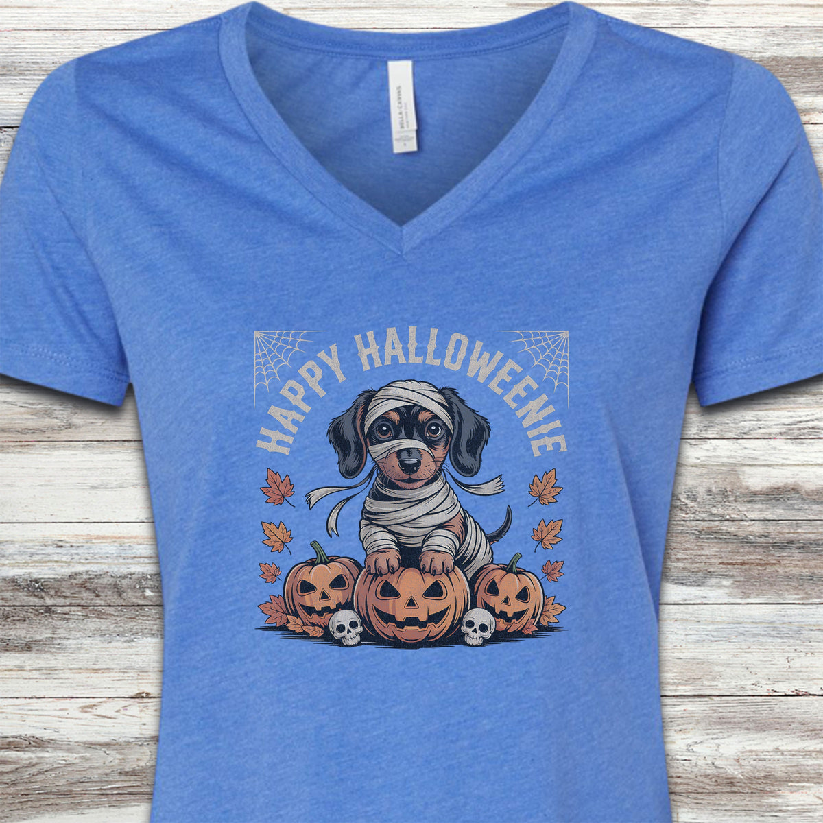Dachshund Halloweenie V-Neck Tee - Heather True Royal