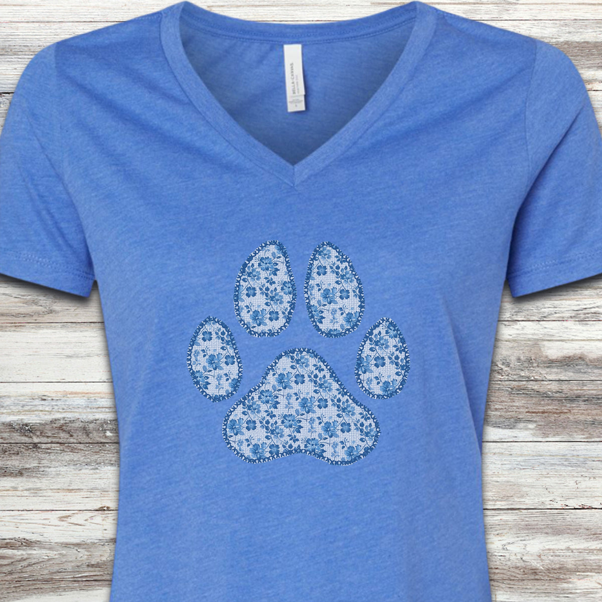 Blue Floral Paw Print V-Neck Tee - Heather True Royal