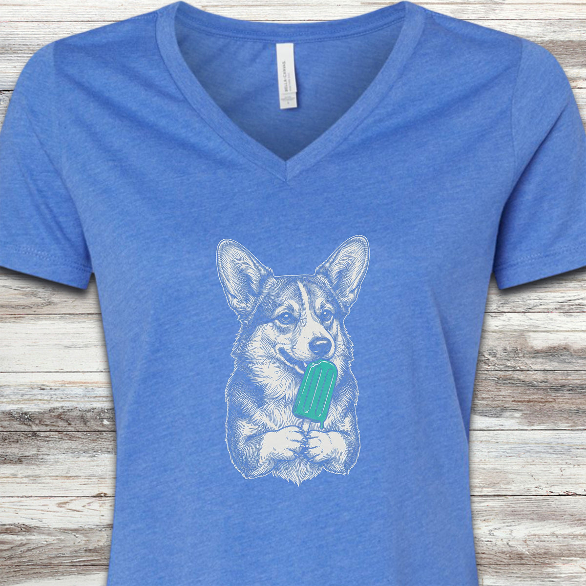 Corgi Pupsicle V-Neck Tee - Heather True Royal