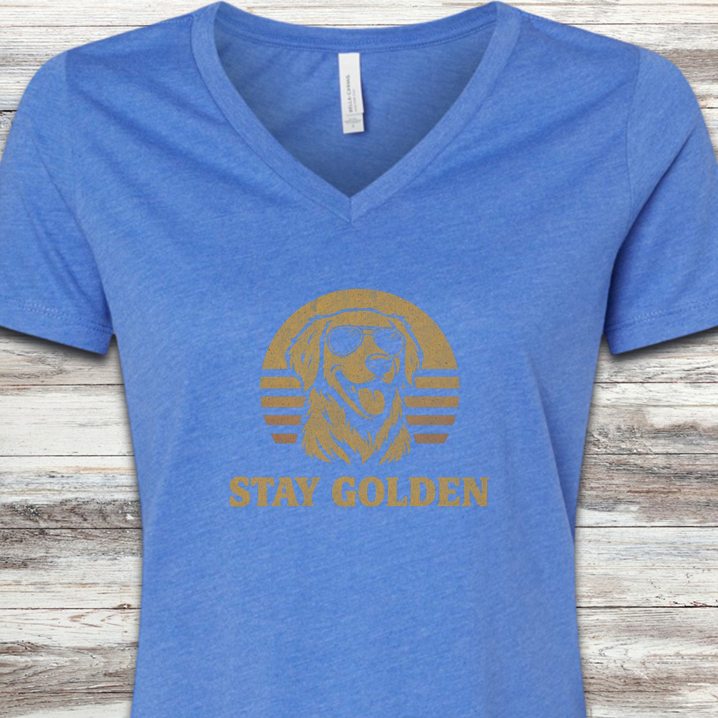 Golden Retriever Retro Stay Golden V-Neck Tee - Heather True Royal