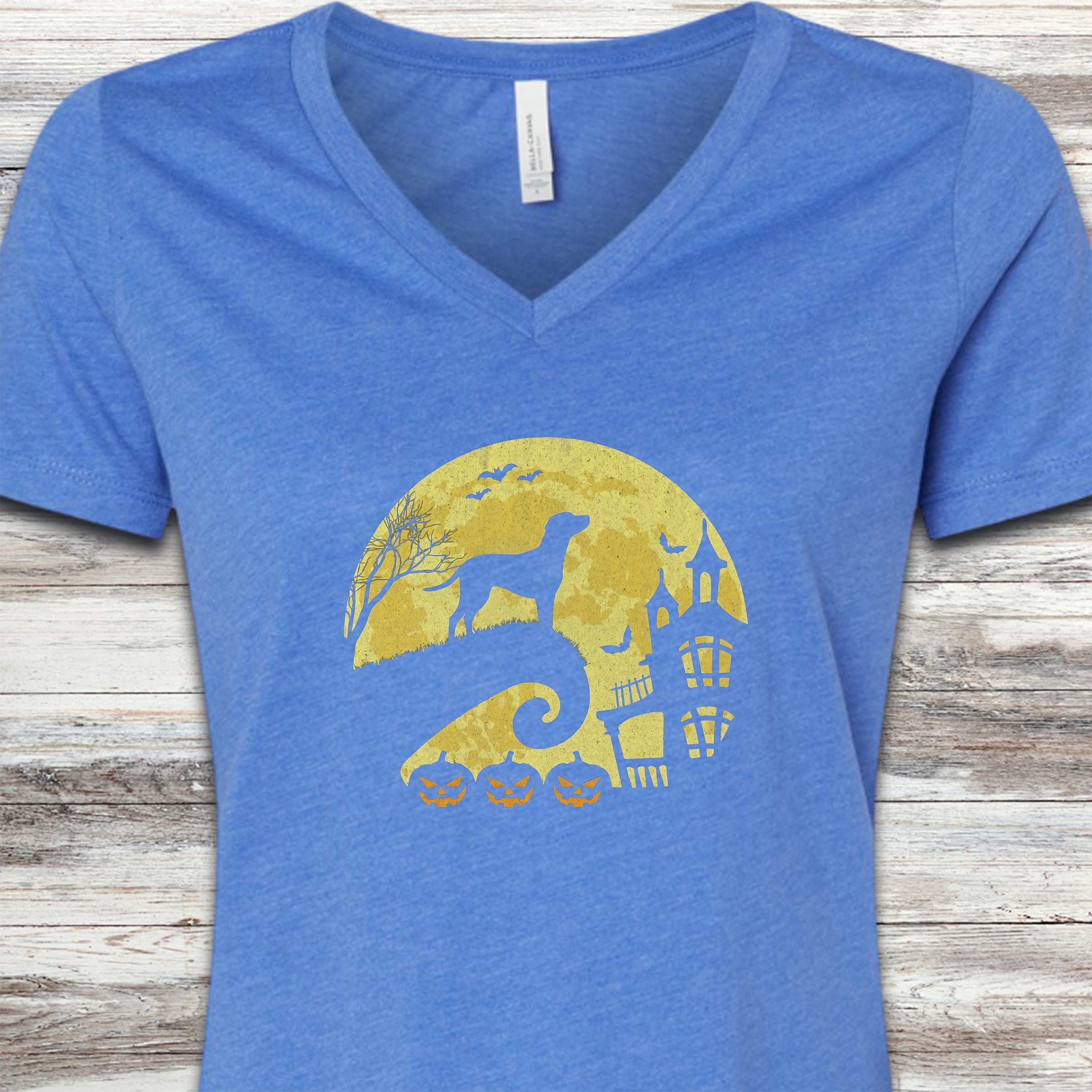 Coonhound Halloween Moon V-Neck Tee - Heather True Royal
