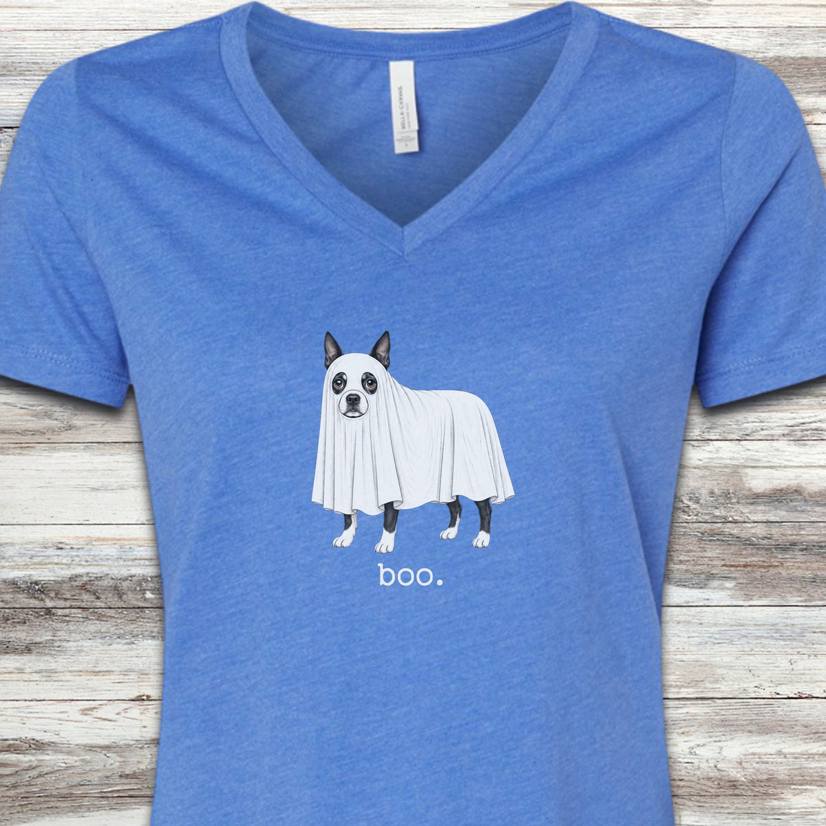 Boston Terrier Boo V-Neck Tee - Heather True Royal