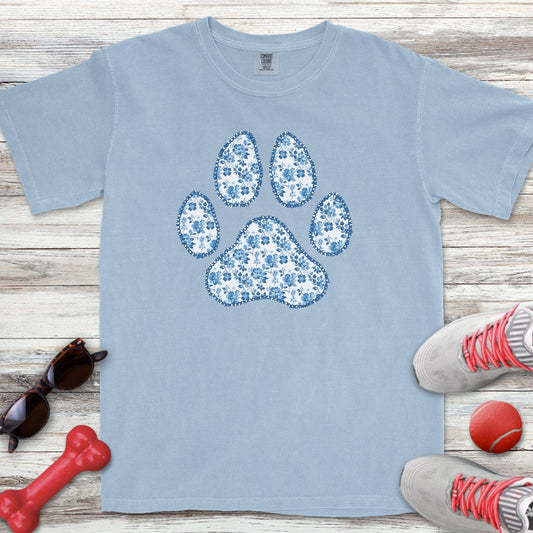 Blue Floral Paw Print T-Shirt